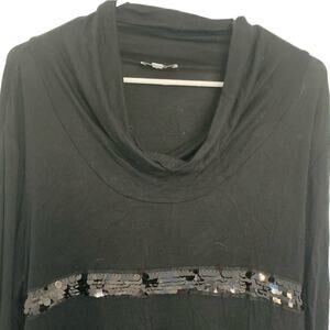 Y2K Sequin Top XL Black Long Stretch Tunic Cowl Neck Goth Grunge